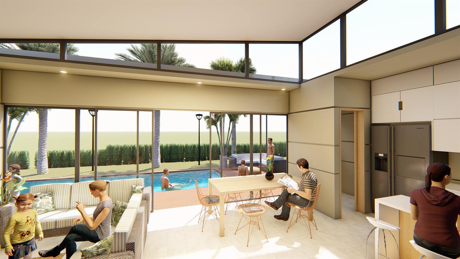 Comedor y cocina integrados con vista a la piscina