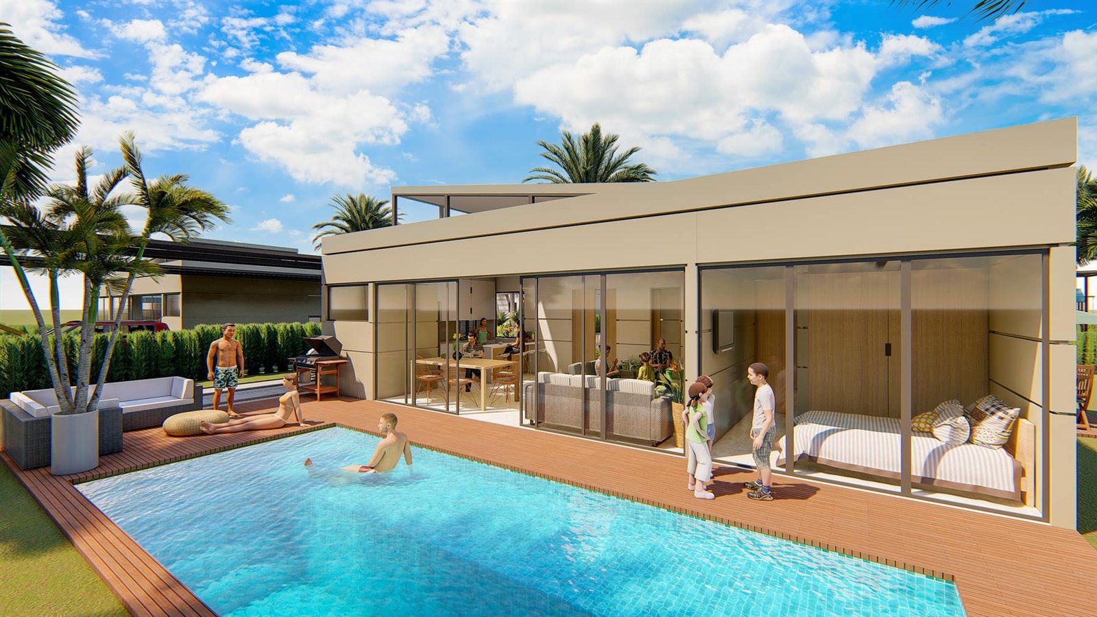 Terraza social y piscina de una vivienda