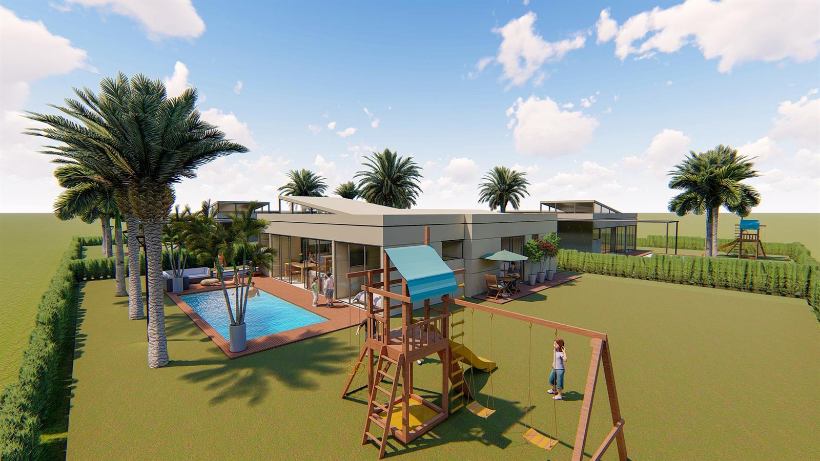 Vista del conjunto con piscina y juegos infantiles